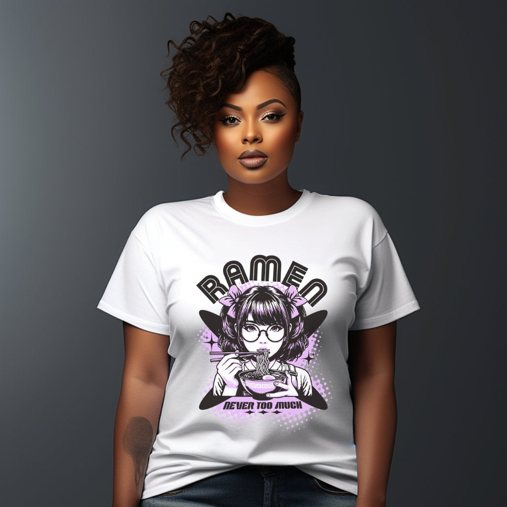 A woman wearing a white graphic t-shirt with a purple and black anime-style ramen character design and the word 'RAMEN' printed on the front, set against a dark gray studio background.
