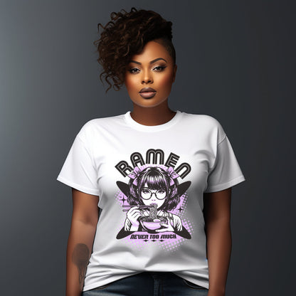 A woman wearing a white graphic t-shirt with a purple and black anime-style ramen character design and the word 'RAMEN' printed on the front, set against a dark gray studio background.
